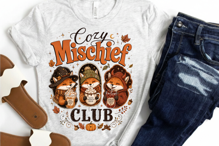 Cozy Mischief Club PNG Sublimation Design - Cute Autumn Fox