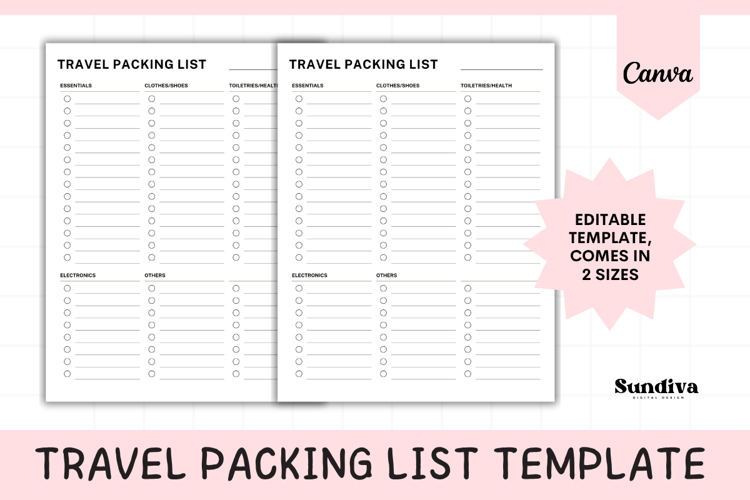 Travel Packing List Editable Template 1 | Travel Planner