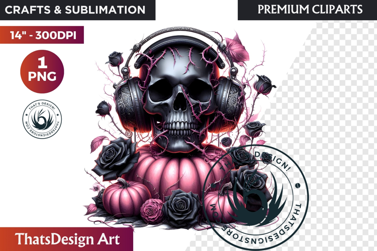 Pink and Black Gothic Halloween Skulls Clipart, pastel goth