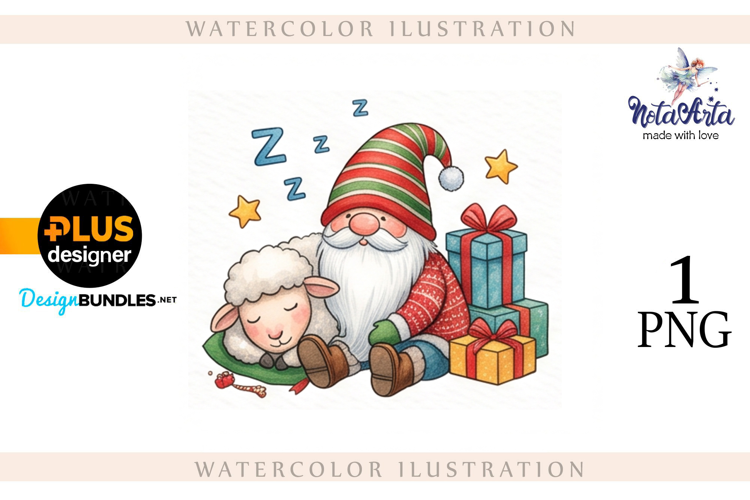 Christmas Gnome Santa with a Sheep in Watercolor Style
