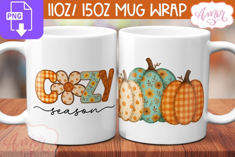 Cozy season mug wrap PNG, Fall pumpkins mug template