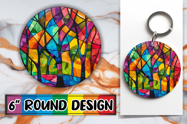 Stained Glass Tree Keychain Colorful Sublimation Round Desig example image 1