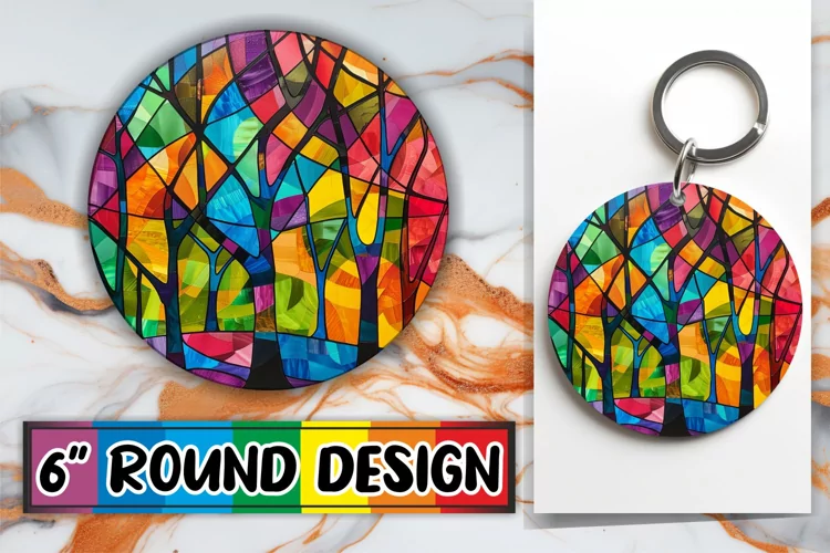Stained Glass Tree Keychain Colorful Sublimation Round Desig