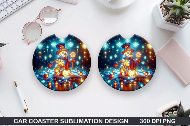 Snowman Car Coaster Sublimation|Christmas Coaster PNG Design