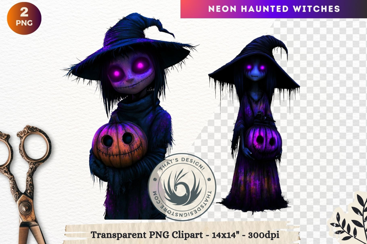 Neon Haunted Witches Clipart, Spooky Kawaii Halloween PNG