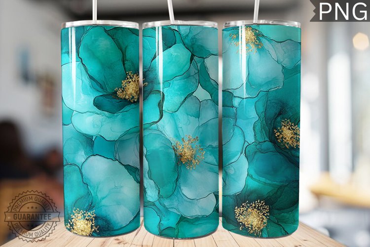 Teal Alcohol Ink Flower Tumbler Wrap -High Quality 300 Dpi