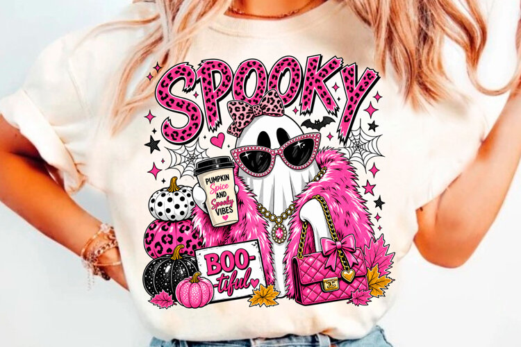 Spooky pink Halloween ghost fashion design with leopard example image 1