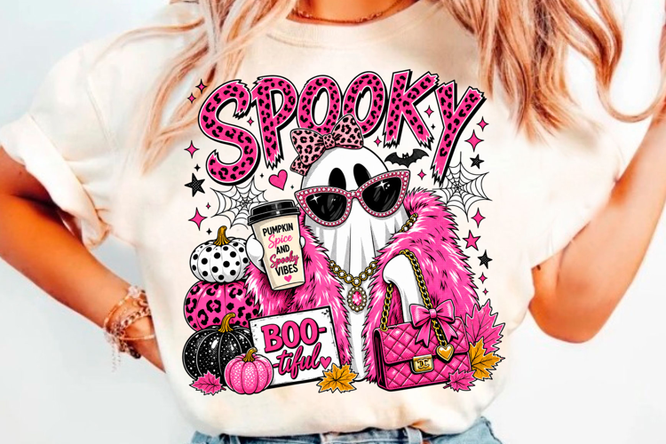 Spooky pink Halloween ghost fashion design with leopard