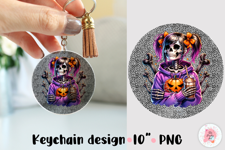 Halloween Skull Keychain Sublimation PNG, Rounded Circle Key