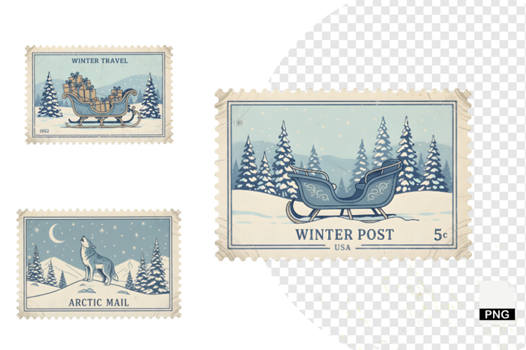 Vintage Winter Postage Stamps Clipart