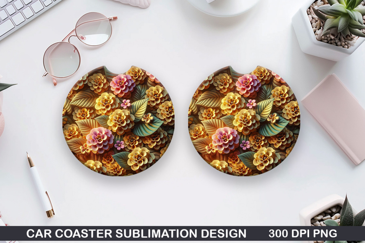 Flowers Car Coaster Sublimation| Summer Flowers Coaster PNG