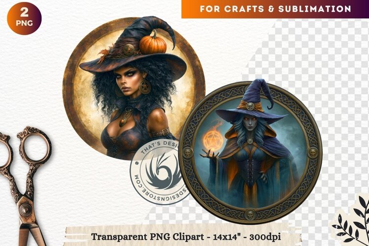 Dark Fantasy Halloween Witches Medallion Clipart sublimation example image 1