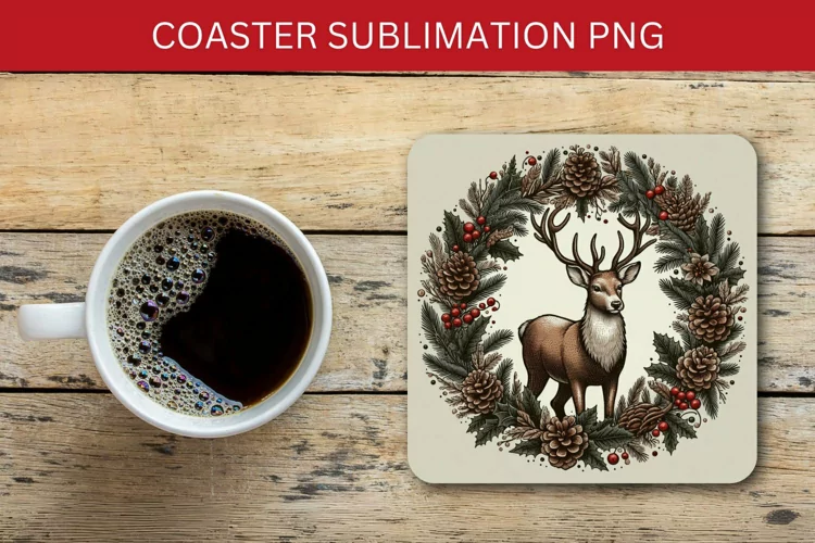 square coaster - reindeer in wreath