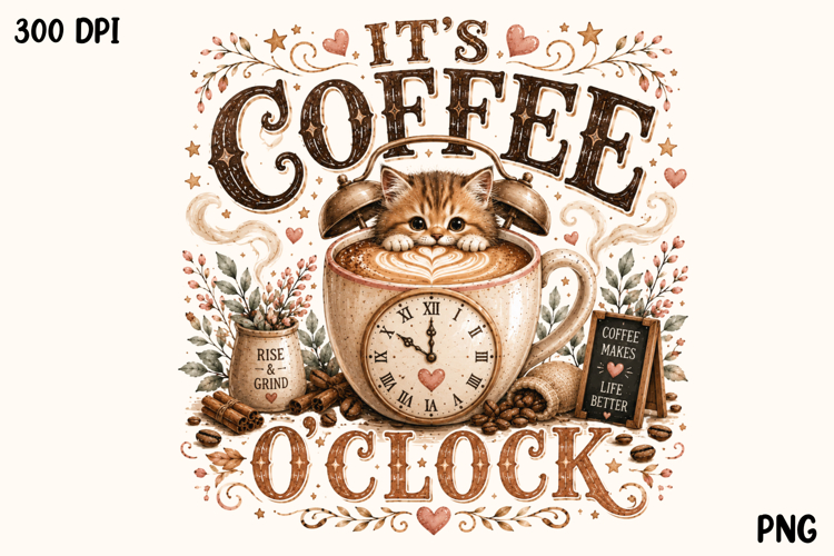 Coffee OClock Cute Kitten Coffee Lover Shirt Design PNG