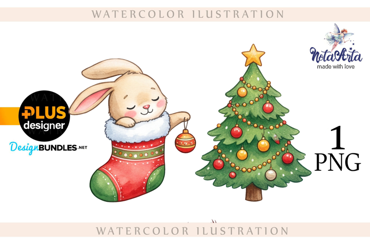 Christmas Bunny in Watercolor Style