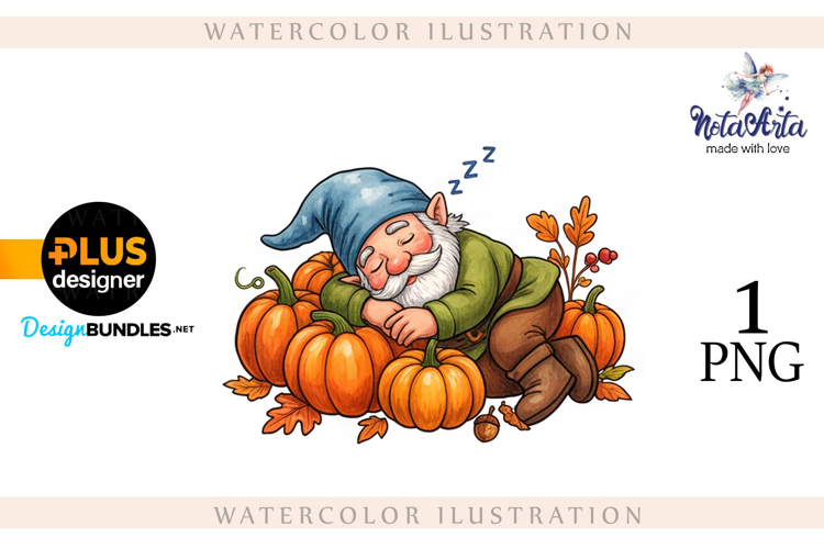 Gnomes with Pumpkin Harvest in Watercolor Style