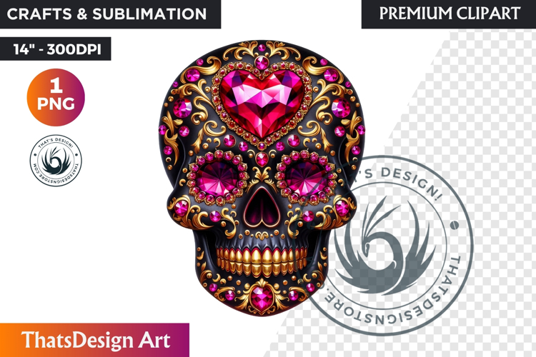 Floral Black Gold Sugar Skull Day of the Dead Clipart PNG
