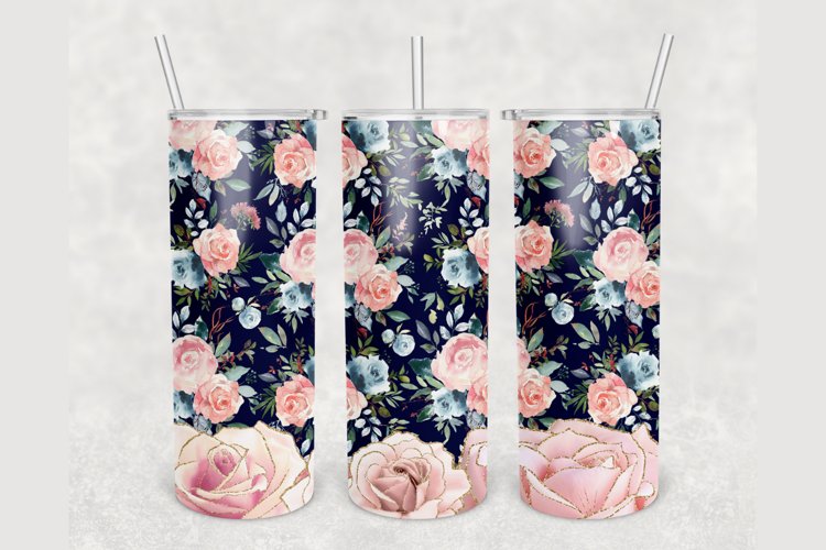 Pink Blue Roses gold glitter 20oz tumbler sublimation design