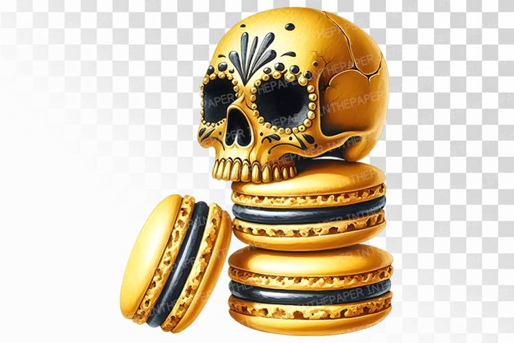 Gold Skull Macaron Halloween Dessert PNG