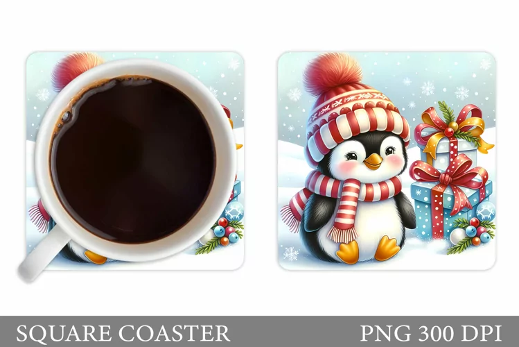 Cute Penguin Coaster Sublimation. Christmas Coaster Design