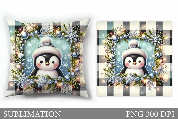 Cute Penguin Pillow Design. Christmas Pillow Sublimation