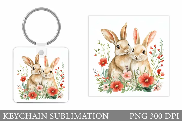 Cute Bunny Keychain. Bunny Flowers Keychain Sublimation