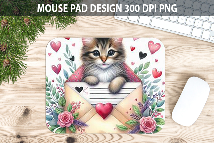Watercolor Cat Mouse Pad Sublimation - Valentines PNG