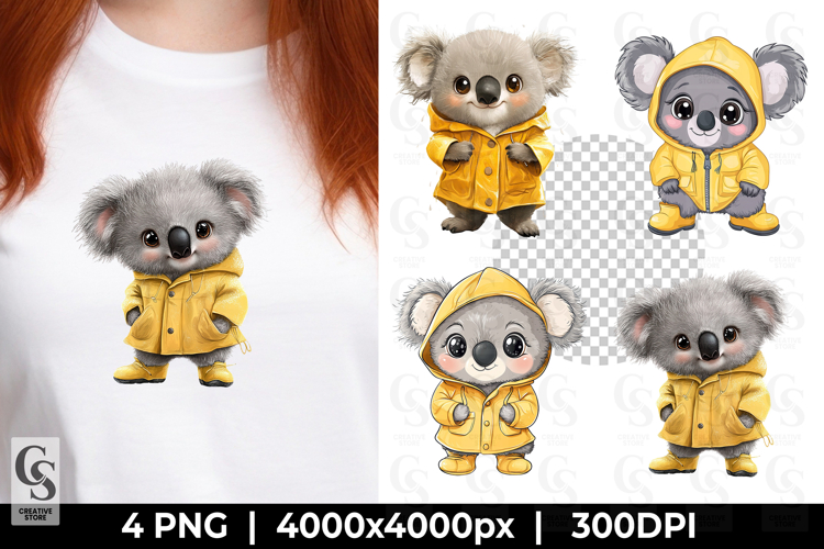 Cute Koala in Raincoat Kawaii Animal Clipart Sublimation PNG