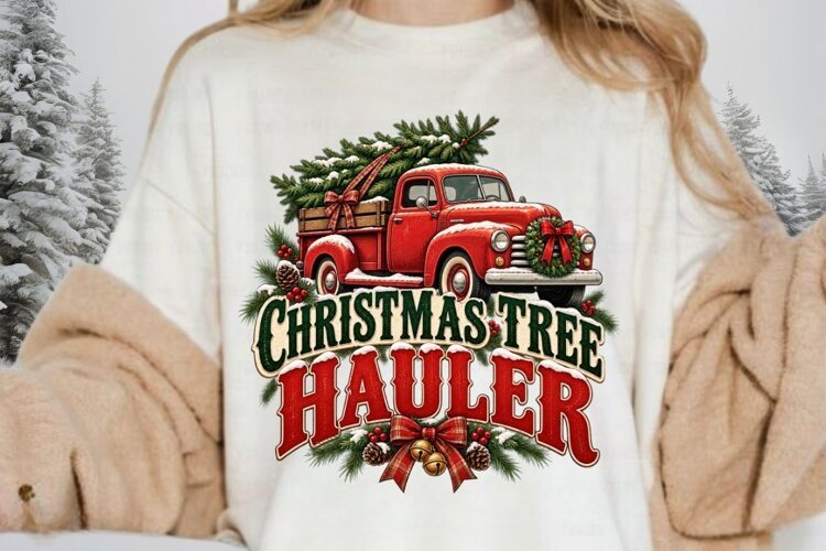 Christmas Tree Hauler Red Truck PNG - Vintage Holiday example image 1