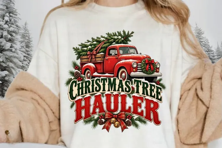 Christmas Tree Hauler Red Truck PNG - Vintage Holiday