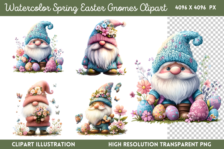 Watercolor Spring Easter Gnomes Clipart PNG