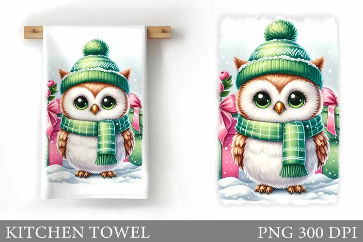 Cute Owl Kitchen Towel Design. Christmas Owl Kitchen Towel