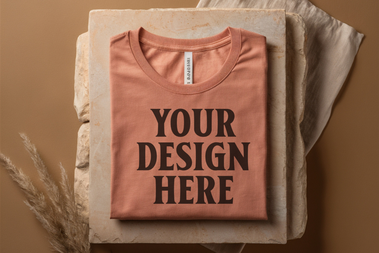 Heather Peach Bella Canvas 3001 Flat Lay T-Shirt Mockup