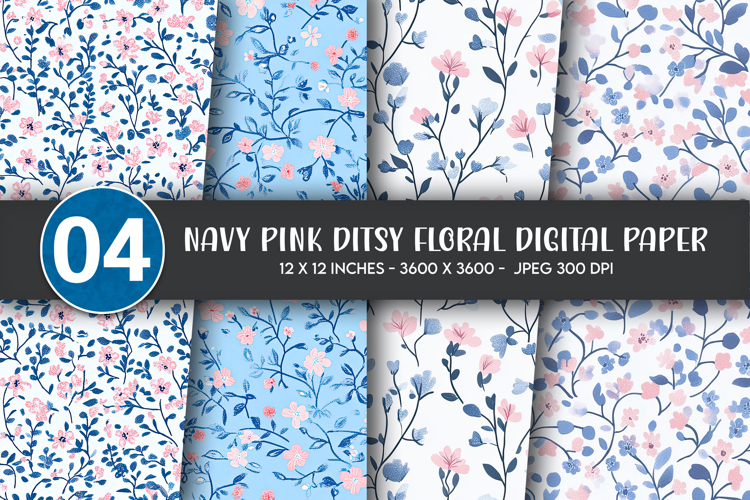 Navy Pink Ditsy Floral Digital Paper example image 1