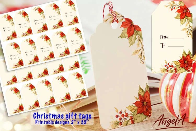 Merry Christmas printable tags, poinsettia, holly, gift tags