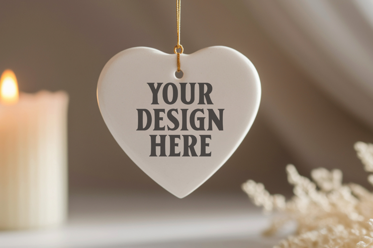 Romantic Christmas Ceramic Heart Ornament Mockup | Holiday