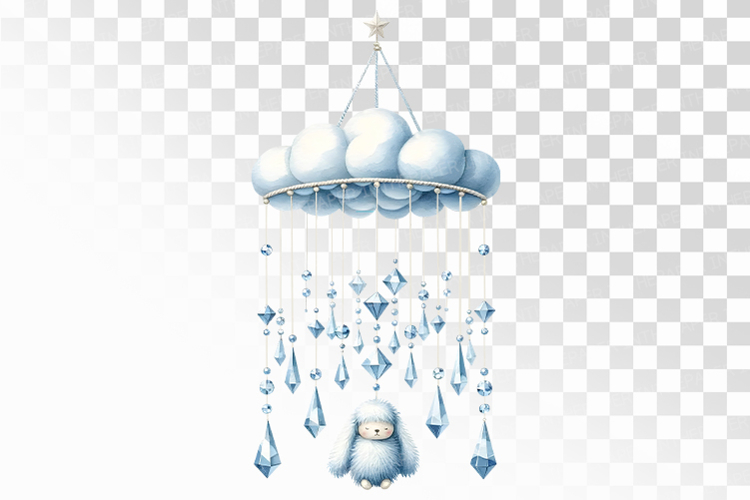 Watercolor Cloud Mobile with Gemstone Raindrops Art PNG