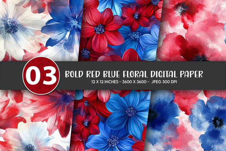 Bold Red Blue Floral Digital Paper
