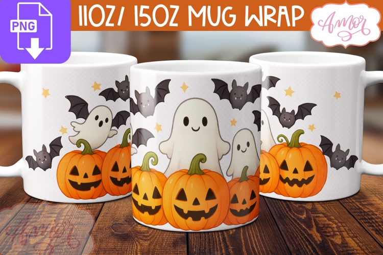 Cute Halloween mug wrap PNG, Cute ghost and pumpkins png