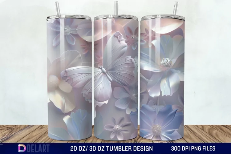 3d Pastel Butterflies & Flowers Tumbler Wrap