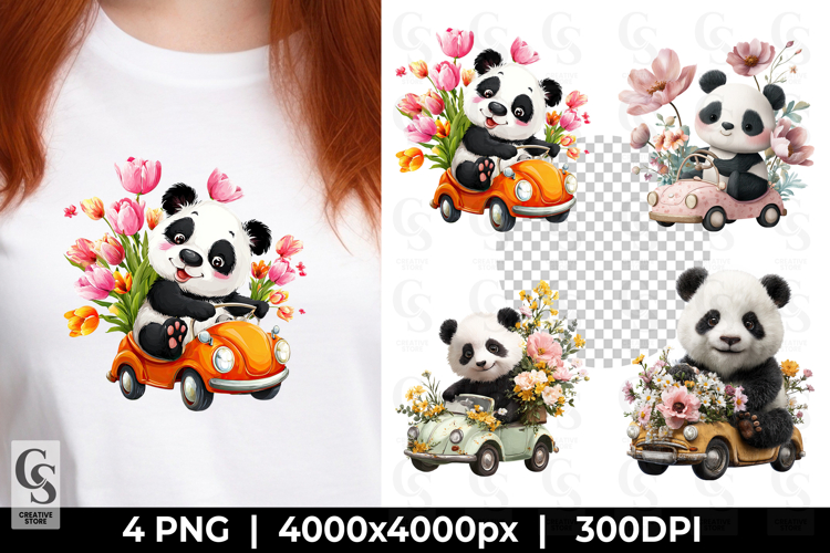 Cute Panda Driving Car with Flowers Sublimation Clipart