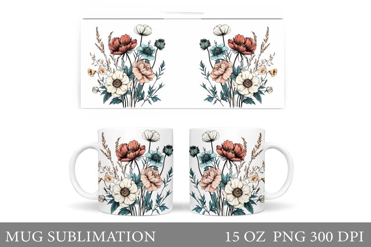 Flowers Mug Sublimation. Floral Mug Wrap Design example image 1