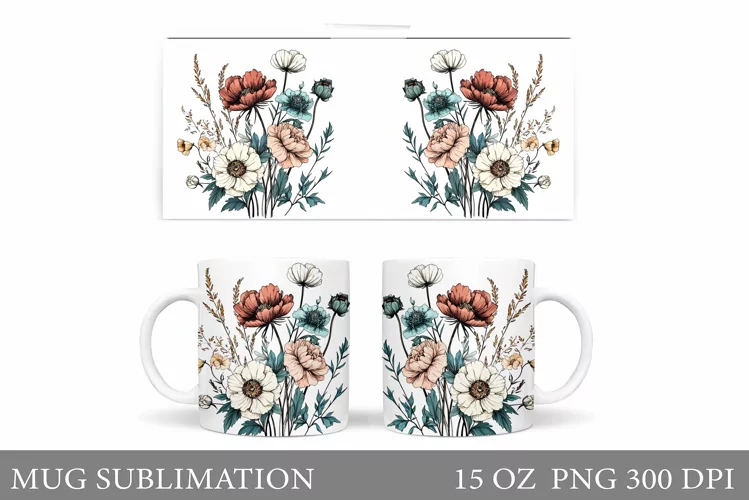 Flowers Mug Sublimation. Floral Mug Wrap Design