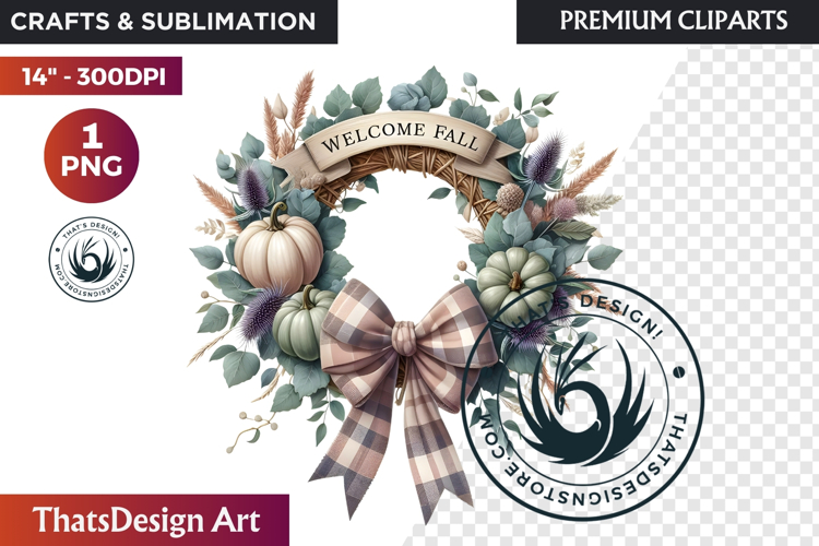Cozy Autumn Wreath - Boho Farmhouse Fall Clipart PNG
