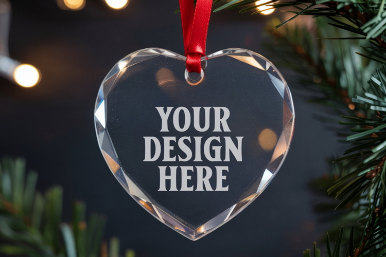 Christmas Heart Crystal Glass Ornament Mockup | Clear Heart