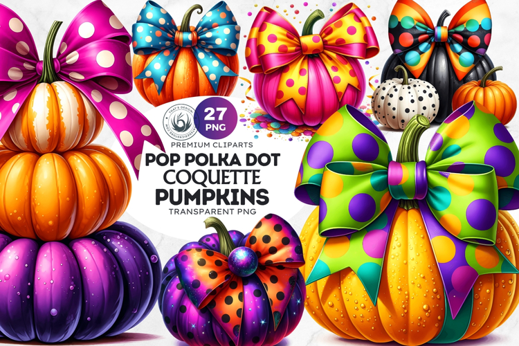 Pop Polka Dot coquette Pumpkins with bows PNG,fall halloween