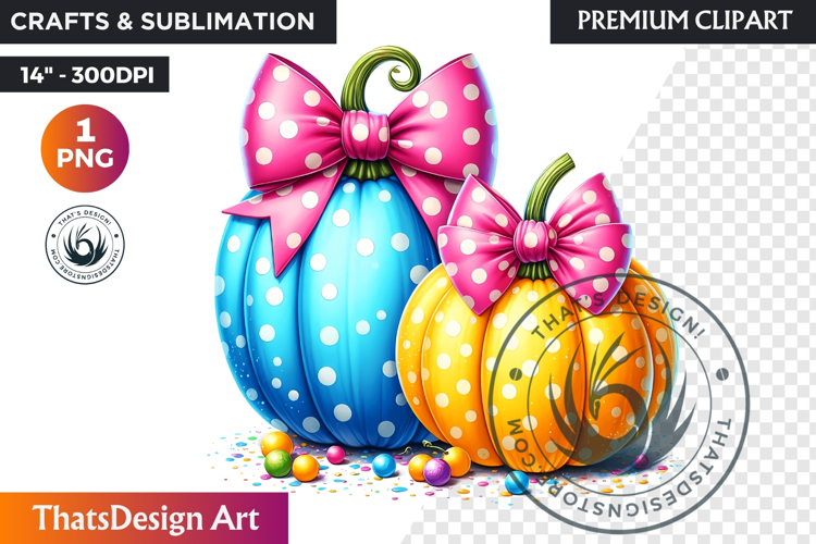 Pop Polka Dot coquette Pumpkins with bow PNG,fall halloween