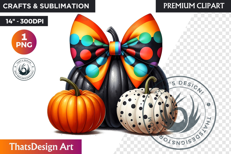Pop Polka Dot coquette Pumpkins with bow PNG,fall halloween