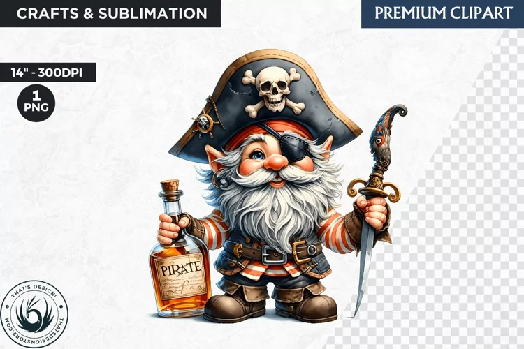 Vintage Pirate Gnome clipart, Corsair Gnome sublimation, PNG