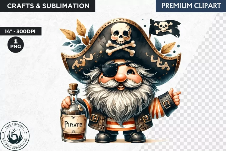 Vintage Pirate Gnome clipart, Corsair Gnome sublimation, PNG